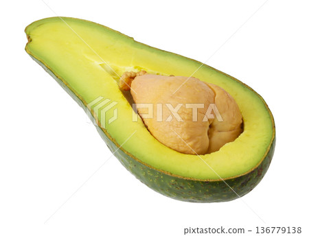 Choquette avocado is a long, green-skinned variety. Smooth Skin, glossy green, Flesh Yellow, and soft, isolated on a white background 136779138