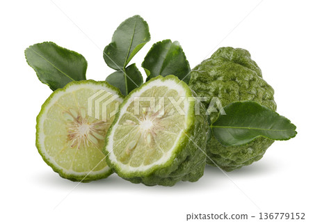 Fresh Green Kaffir Lime Fruits isolated on a white background 136779152
