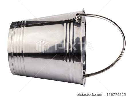 An Orion stainless steel bucket. Made from stainless steel material. Features a carrying and hanging handle. isolated on a white background An Orion stainless steel bucket. Made from stainless steel material. Features a carrying and hanging handle. isolated on a white background 136779215