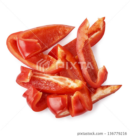 Red bell pepper slices isolated on a white background Red bell pepper slices isolated on a white background 136779216