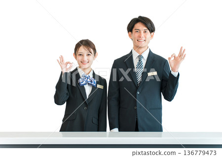Counter, concierge working at the front desk, hotelier, male and female front desk staff (ok, recommended) 136779473