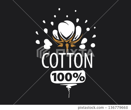 Sleek cotton icon featuring paint splashes on dark base, Contemporary label showcasing compact cotton emblem with artistic paint accents on dark background 136779668