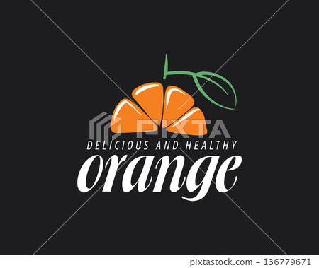 Simple citrus emblem. Contemporary cafe logo featuring orange segment. Cleanlined badge depicting orange with stem and leaf for juice bar 136779671