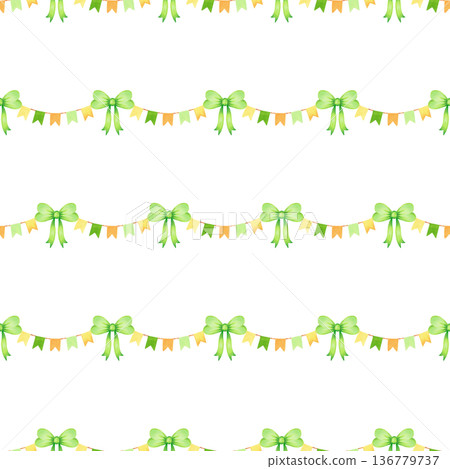 Seamless pattern with a bow and a garland of flags. Watercolor illustration. Hand drawn isolated art. Flags on a ribbon for St. Patrick Day, textiles, fabrics, backgrounds, packaging, wallpaper. 136779737