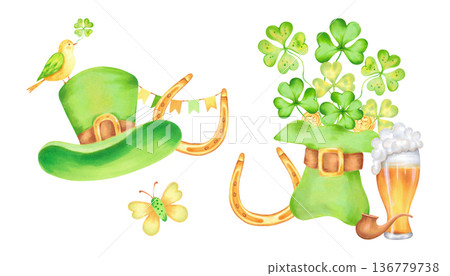 Watercolor illustration for St. Patrick's Day featuring a leprechaun hat, shamrock, horseshoe, gold coins, pipe, beer glass, bird, butterfly. Ideal for card, invitation, print, holiday decorations. 136779738