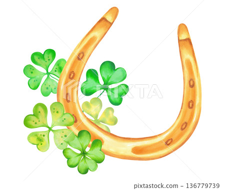 Composition with clover petals, fourleaf, golden horseshoe. Watercolor illustration. Hand drawn Irish symbol of Patrick Day. Separate sketch element symbolizing good luck, wealth, or success. Composition with clover petals, fourleaf, golden horseshoe. Watercolor illustration. Hand drawn Irish symbol of Patrick Day. Separate sketch element symbolizing good luck, wealth, or success. 136779739