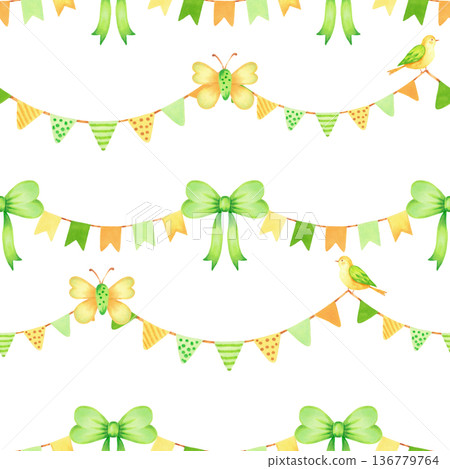 Seamless pattern with garlands of flag, bow, butterfly, bird. Watercolor illustration. Background for birthdays and Patricks Day. Hand drawn isolated art. Suitable for textiles, wallpaper, gift wrap. 136779764