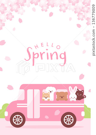 Background illustration of cute animals riding a school bus running under cherry blossom trees Background illustration of cute animals riding a school bus running under cherry blossom trees 136779809