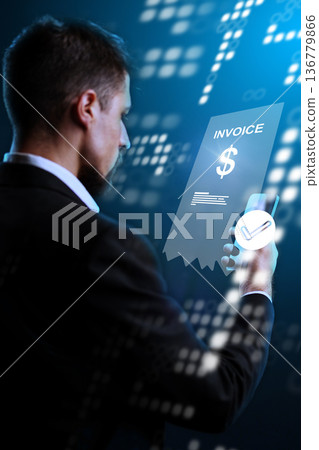 Man holding banking invoice for payment in digital setting with checkmark symbol 136779866