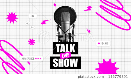Podcast highlights live show recording with microphone and colorful graphics 136779891