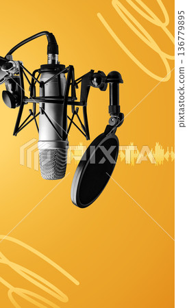 Podcast equipment setup with a microphone and sound wave graphic Podcast equipment setup with a microphone and sound wave graphic 136779895