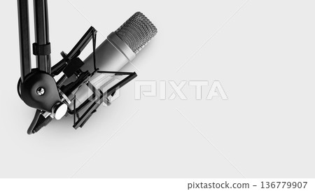 Podcast recording setup with a microphone on a stand in a studio environment Podcast recording setup with a microphone on a stand in a studio environment 136779907