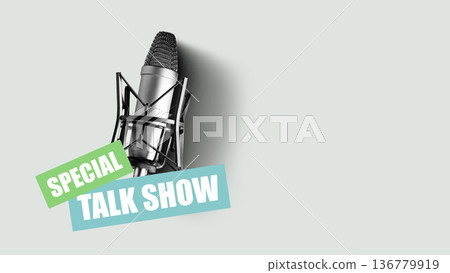 Podcast recording session taking place in a studio with a microphone and branding Podcast recording session taking place in a studio with a microphone and branding 136779919