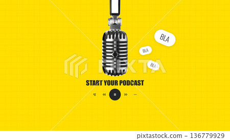 Start your podcast with a classic microphone and simple design on a bright yellow background Start your podcast with a classic microphone and simple design on a bright yellow background 136779929