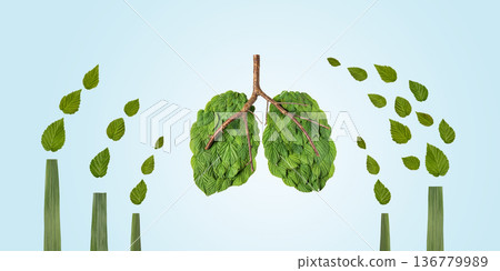 Factory chimneys with smoke in shape of green leaves and lungs on blue background. Eco friendly Green industry concept. Ecology concept. Earth day concept and green recycling. World Environment Day Factory chimneys with smoke in shape of green leaves and lungs on blue background. Eco friendly Green industry concept. Ecology concept. Earth day concept and green recycling. World Environment Day 136779989