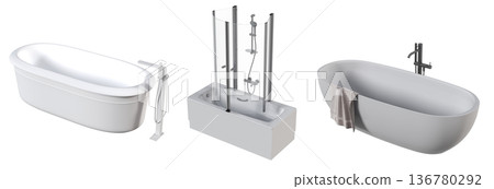 bathtub isolated on a transparent background, 3D illustration, and a CG render bathtub isolated on a transparent background, 3D illustration, and a CG render 136780292