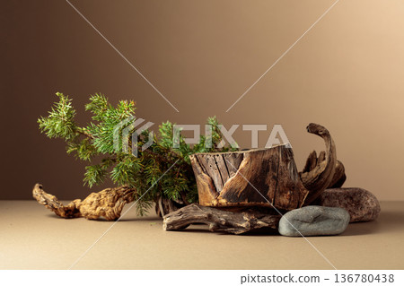 Composition with natural wooden snags, stones and juniper branches. Composition with natural wooden snags, stones and juniper branches. 136780438