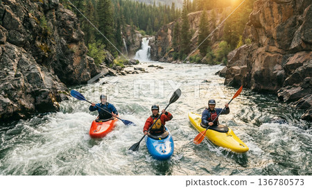Four people rafting in mountain rapids, teamwork and adventure sport, action travel experience, water fun, adrenaline group journey. 136780573