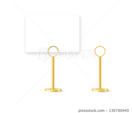 Realistic 3D silver clip displaying blank template on desktop. Perfect mockup for cafe menu, office reminder, business badge, or tabletop presentation flyer. Realistic 3D silver clip displaying blank template on desktop. Perfect mockup for cafe menu, office reminder, business badge, or tabletop presentation flyer. 136780940