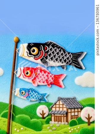 羊毛藝術品，描繪了鯉魚飄帶在風中搖曳的場景 136780961