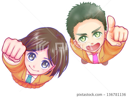 圖解:一名身穿制服的男孩和一名女孩向上指著。 圖解:一名身穿制服的男孩和一名女孩向上指著。 136781136