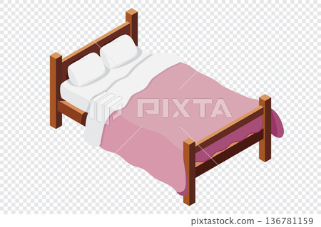 Isometric wooden bed with mattress. 3D isometric bed. Wooden bed frame with mattress, pillow, and blanket. Isometric bedroom furniture Isometric wooden bed with mattress. 3D isometric bed. Wooden bed frame with mattress, pillow, and blanket. Isometric bedroom furniture 136781159