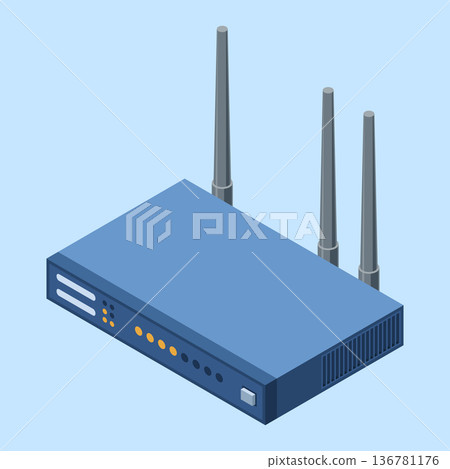 Isometric network wifi router with antennas. Wireless network communication technology. Wireless internet router. Network technology. Vector illustration 136781176