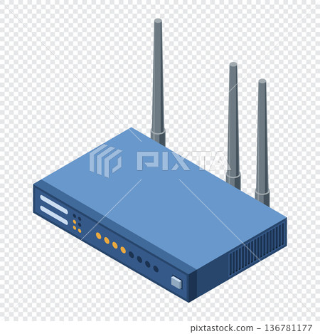 Isometric network wifi router with antennas. Wireless network communication technology. Wireless internet router. Network technology. Vector illustration 136781177