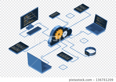 Isometric cloud technology computing. Isometric network with computer, laptop, tablet, and smartphone. Isometric technology Isometric cloud technology computing. Isometric network with computer, laptop, tablet, and smartphone. Isometric technology 136781209