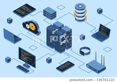 Isometric cloud technology with server. Isometric server and hosting storage technology. Web hosting concept. Isometric technology 136781210