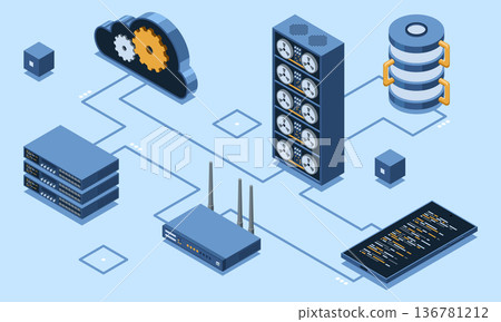 Isometric cloud technology with server. Isometric server and hosting storage technology. Web hosting concept. Isometric technology 136781212