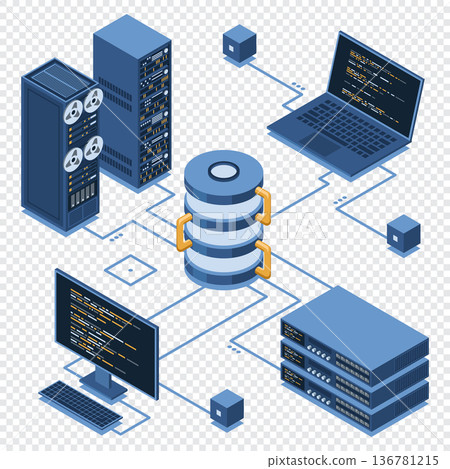 Isometric modern cloud database and networking concept. Computer service technology. Supercomputer. Isometric technology 136781215