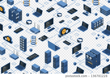 Isometric data network management. Cloud storage data and synchronization of devices. Networking, database, cloud storage. Isometric technology 136781228