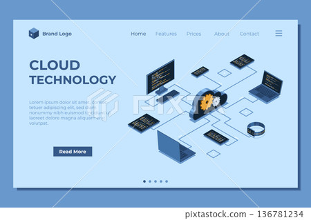 Isometric cloud technology computing landing page. Isometric network with computer, laptop, tablet, and smartphone. Isometric technology Isometric cloud technology computing landing page. Isometric network with computer, laptop, tablet, and smartphone. Isometric technology 136781234