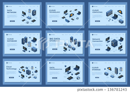 Large set of isometric landing page template. Modern technology concept for cloud technology, web hosting, and networking. Isometric technology Large set of isometric landing page template. Modern technology concept for cloud technology, web hosting, and networking. Isometric technology 136781243