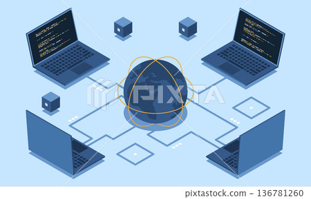 Isometric laptop connected with globe. Global communication internet network. Storage and communication technology. Isometric technology Isometric laptop connected with globe. Global communication internet network. Storage and communication technology. Isometric technology 136781260