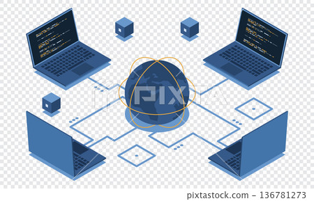 Isometric laptop connected with globe. Global communication internet network. Storage and communication technology. Isometric technology 136781273