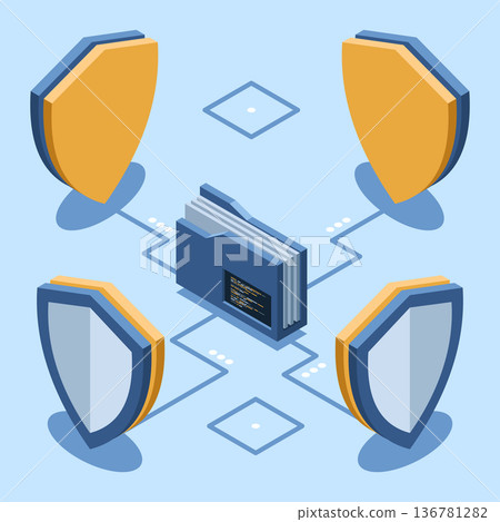 Isometric folder with shield. Data protection. Folder security. Safe documents and folder. Isometric technology Isometric folder with shield. Data protection. Folder security. Safe documents and folder. Isometric technology 136781282