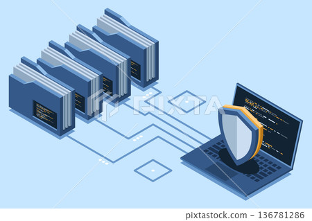 Isometric data protection with folder and laptop. Folder security. Safe documents and folder. Cybersecurity concept. Isometric technology Isometric data protection with folder and laptop. Folder security. Safe documents and folder. Cybersecurity concept. Isometric technology 136781286