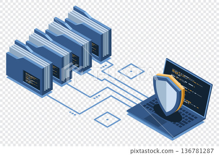 Isometric data protection with folder and laptop. Folder security. Safe documents and folder. Cybersecurity concept. Isometric technology Isometric data protection with folder and laptop. Folder security. Safe documents and folder. Cybersecurity concept. Isometric technology 136781287