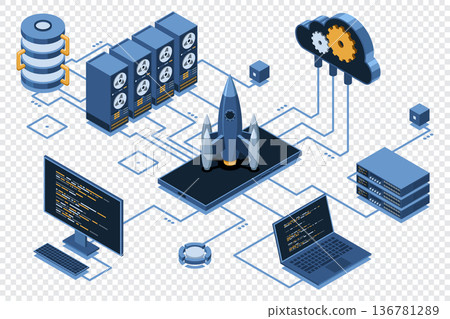 Isometric business startup. Business startup team launching rocket with computer and server. Startup your project. Launch concept. Isometric technology Isometric business startup. Business startup team launching rocket with computer and server. Startup your project. Launch concept. Isometric technology 136781289