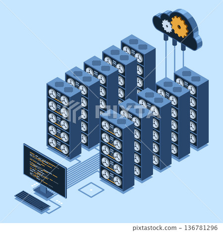 Isometric monitoring big data storage. Data transmission technology. Online hosting technology concept. Isometric technology Isometric monitoring big data storage. Data transmission technology. Online hosting technology concept. Isometric technology 136781296