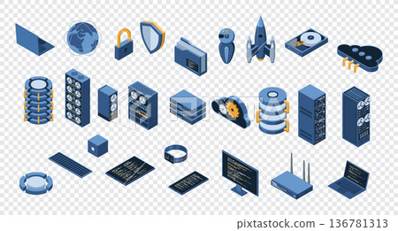 Set of isometric computer technology. Isometric set server equipment. Cloud network and database platform. Isometric technology Set of isometric computer technology. Isometric set server equipment. Cloud network and database platform. Isometric technology 136781313
