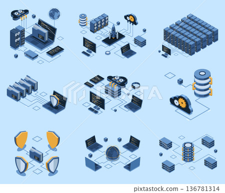 Set of isometric modern technology concept for cloud computing, datacenter, database, artificial intelligence, and blockchain technology. Isometric technology 136781314