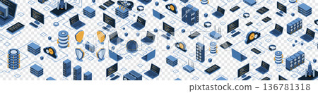 Isometric data network management. Cloud storage data and synchronization of devices. Networking, database, cloud storage. Isometric technology 136781318