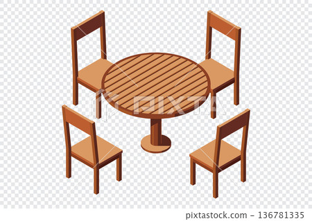 Isometric round table and four chairs. Wooden round table and chairs. Isometric dining room furniture. Isometric furniture Isometric round table and four chairs. Wooden round table and chairs. Isometric dining room furniture. Isometric furniture 136781335