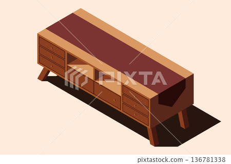 Isometric wooden TV stand with shelves. Wooden cabinet with drawers. Isometric home furniture. Isometric furniture Isometric wooden TV stand with shelves. Wooden cabinet with drawers. Isometric home furniture. Isometric furniture 136781338