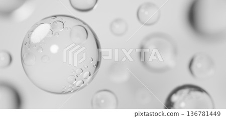 Multiple water droplets on a gray background. Gel. Background material. Copy space. 3D (landscape). Multiple water droplets on a gray background. Gel. Background material. Copy space. 3D (landscape). 136781449