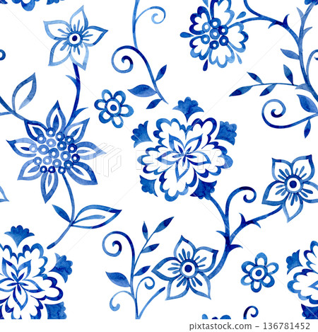 Seamless print of oriental floral ornaments. Blue watercolor pattern Seamless print of oriental floral ornaments. Blue watercolor pattern 136781452