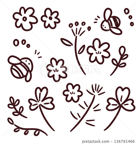 簡單的蜜蜂、花田和植物手繪插圖集 136781466